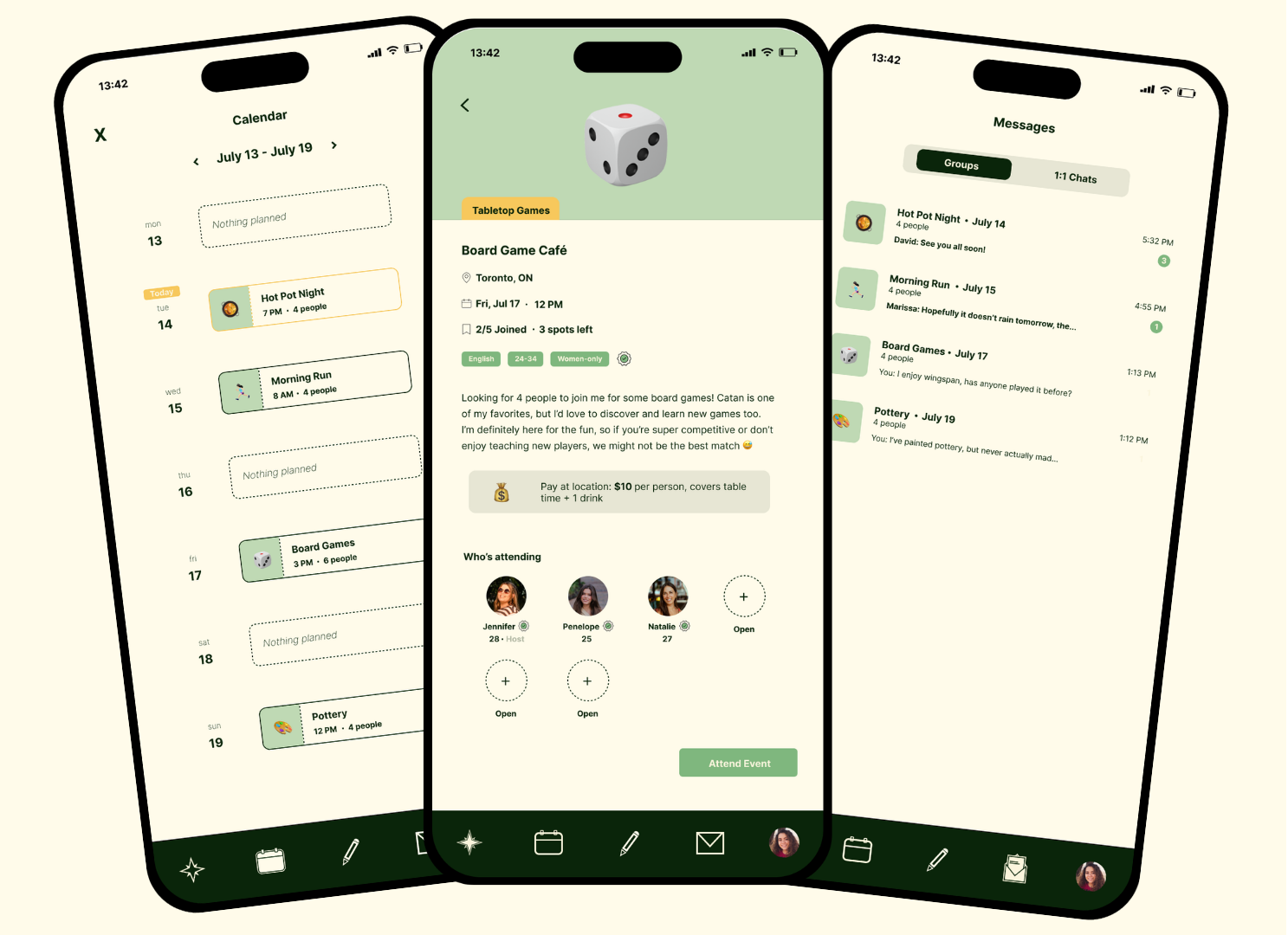 Upto8 app screens showing a calendar of activities, a Board Game Café event with attendees, and group chat messages